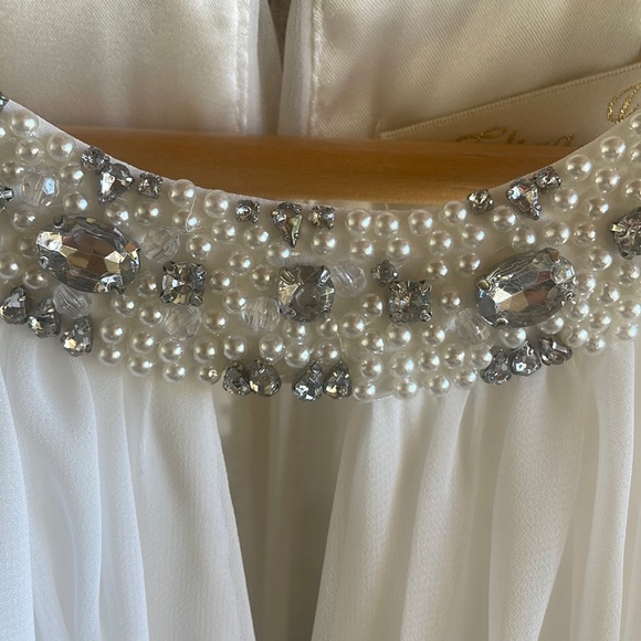 Eliza J Embellished Tiered Chiffon Halter Gown Dress in White - Picture 13 of 16